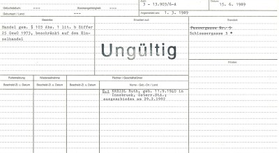 Gewerbeanmeldung Muharrem Ayanlars aus dem Jahr 1989 in den Akten der BH Innsbruck